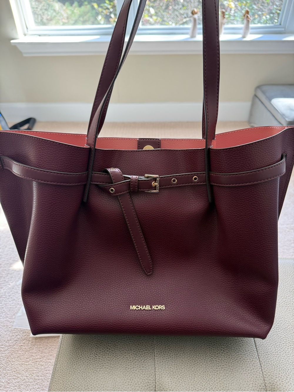 NWT Michael Kors Emilia Leather Tote Shoulder Bag with Buckle in Merlot